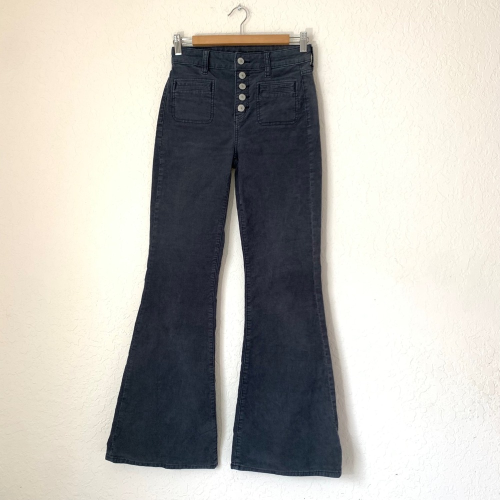 American Eagle Super High Rise Flare Pants Womens 0 Gray Corduroy Button Boho